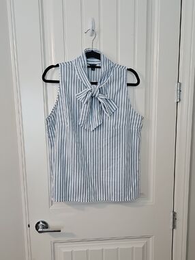 Ann Taylor Sleeveless Blue & White Striped Bow-Tie Blouse -